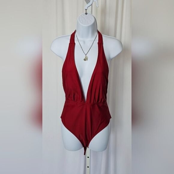 150.🆕Med Deep V Neck Crisscross Back Self Tie Red Swimsuit NWOT - Picture 2 of 9